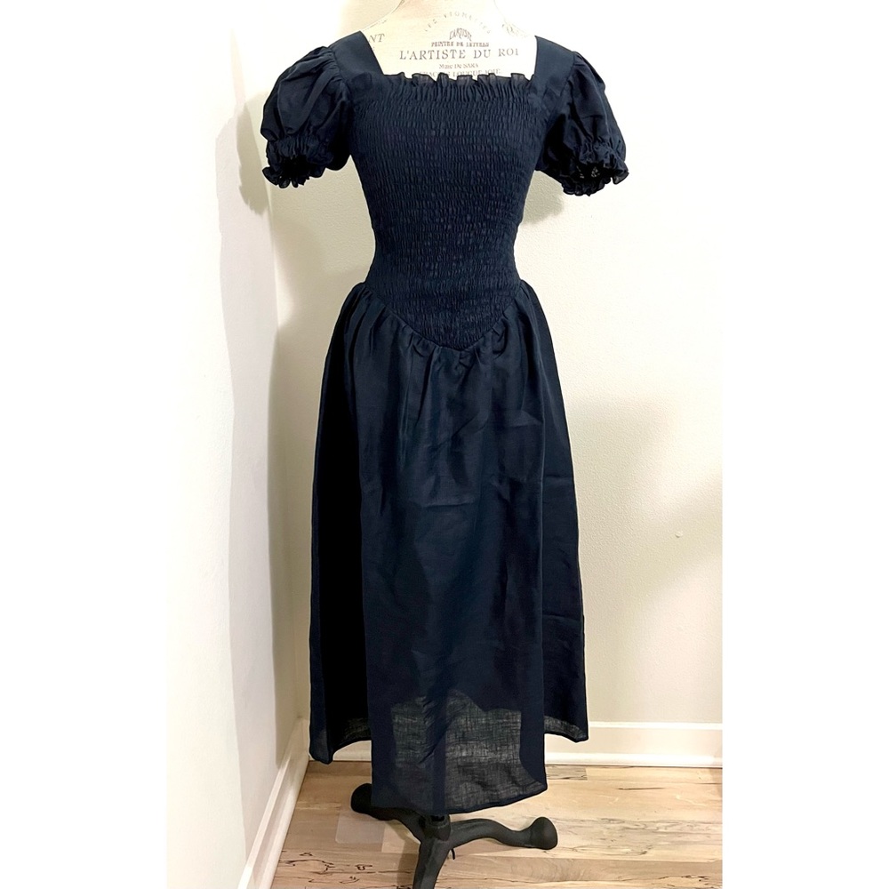 SOLD New Sleeper Dress Linen Handmade Belle Blue Large L NWT Midi Maxi Smocked - Picture 3 of 13